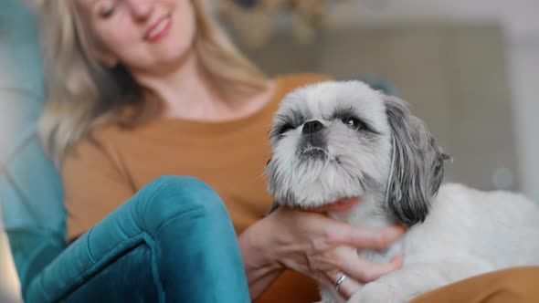 Young American Woman Stroking Dog While Sitting in Chair in Apartment Interior Rbbro alt