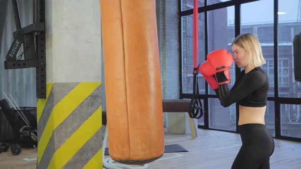 woman fighter trains his punches, beats a punching bag, training day in the boxing gym alt