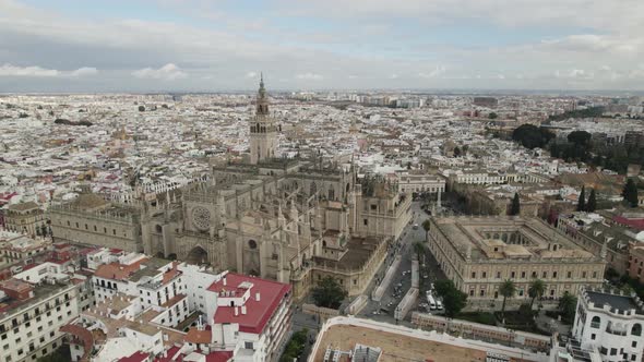 Seville Cathedral and General Archive of Indies, Spain. Aerial circling
