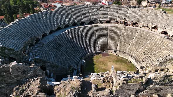 Aerial Footage of the Antique Theater 4 K . Side, Turkey alt