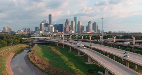 High angle establishing drone shot of downtown Houston. This video was filmed in 4k for best image q alt