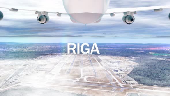Commercial Airplane Over Clouds Arriving City Riga