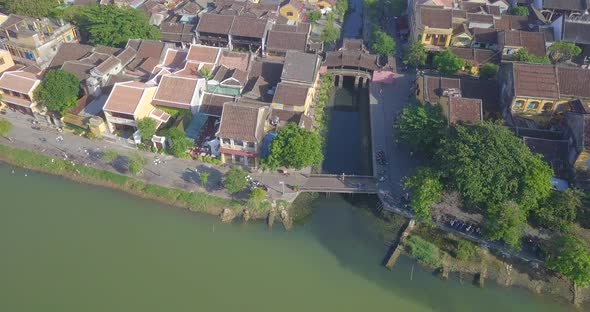 Aerial view panorama Chua Cau, the Pagoda Bridge, or The Japanese Covered Bridge in Hoi An old town
