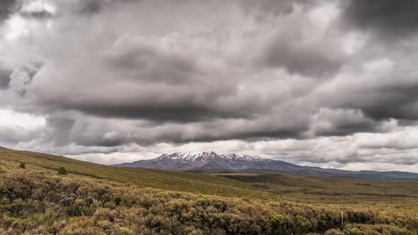 Stormy Clouds Sky over Volcano Mountains Ruapehu in New Zealand Wild Nature Landscape alt