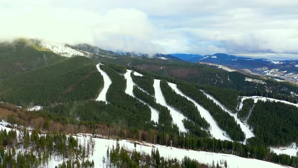 Aerial view of the mountains, Ski trail active sport.