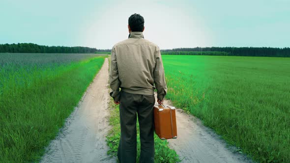 Lonely Man Confused, in Doubt, Standing Beside Country Road, Life Way, Holding Suitcase, Decision