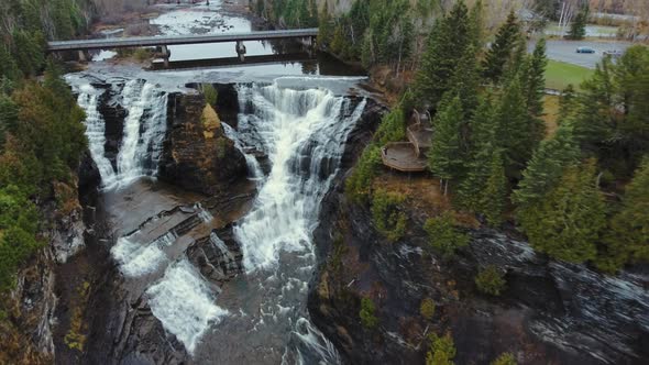 River, waterfall, road, bridge and forest in Kaministiquia River, Kakabeka Falls, Ontario, Canada alt