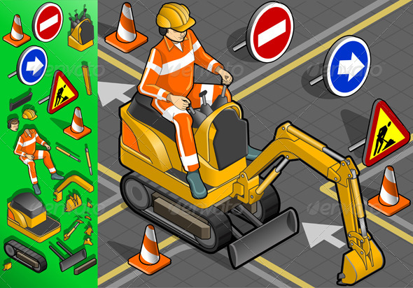 Isometric Mini Excavator with Man at Work - Objects Vectors