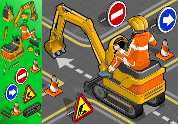 Isometric Mini Excavator with Man at Work - Objects Vectors