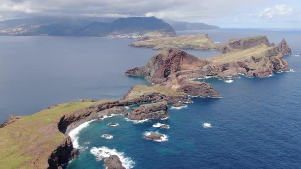 Flying over Ponta do Sao Lourenco on Madeira island in Portugal alt