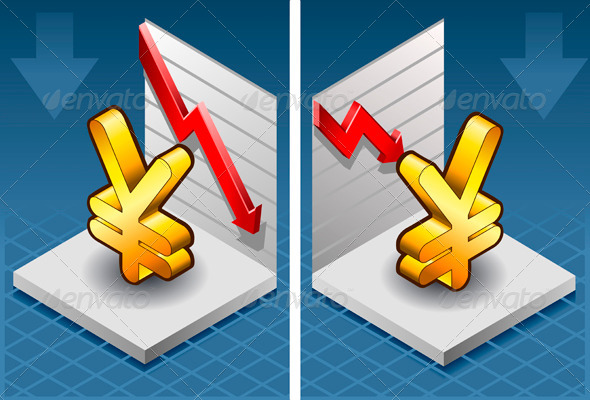Isometric Symbol of Yen with Red Arrow Down - Conceptual Vectors