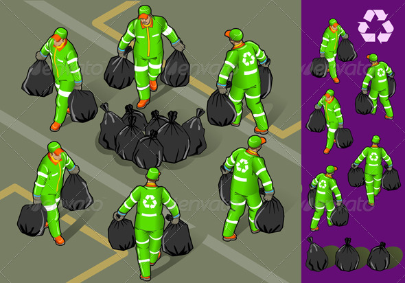 Isometric Set of Garbage Man in Six Position - Conceptual Vectors