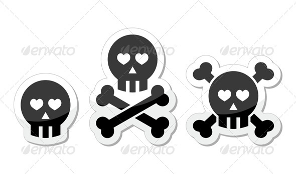 Cartoon Skull with Bones and Hearts - People Characters