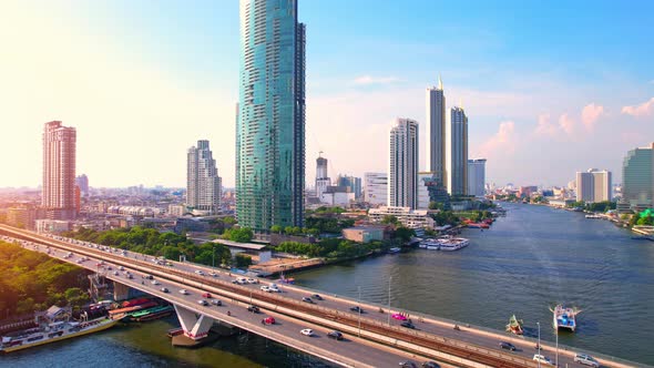 4K : Aerial drone footage of Bangkok skyline, Business city, view of downtown, Flying over Bangkok, alt