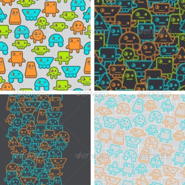 Cartoon Robots Seamless Patterns. - Computers Technology
