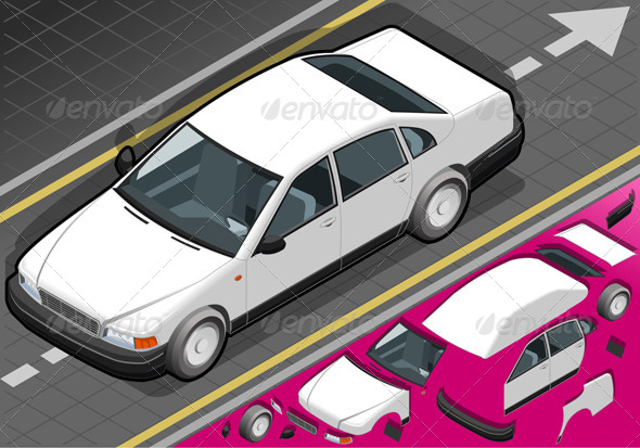 Isometric White Car in Front View - Objects Vectors