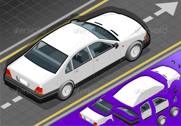 Isometric White Car in Rear View - Objects Vectors