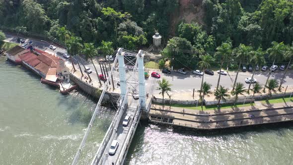 Panning wide landscape of coast city of Sao Vicente state of Sao Paulo Brazil. alt