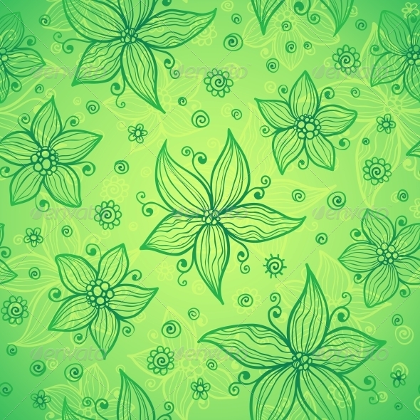 Green Doodle Flowers Vector Seamless Pattern by art_of_sun | GraphicRiver