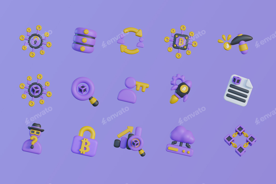 3D Blockchain Icons, Icons | GraphicRiver