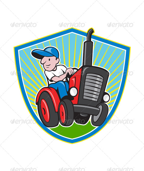 Farmer Driving Vintage Tractor Cartoon - People Characters