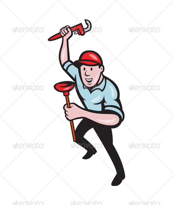 Plumber With Monkey Wrench And Plunger Cartoon - People Characters