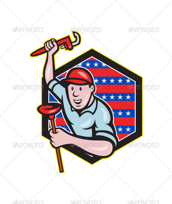 Plumber With Monkey Wrench and Plunger Cartoon - People Characters