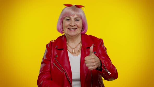Senior Old Granny Woman Raises Thumbs Up Agrees with Something or Gives Positive Reply Likes Good alt
