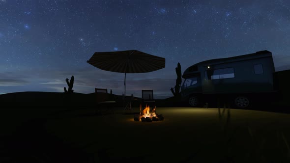 Camper Recreational Vehicles In Desert With Night Sky