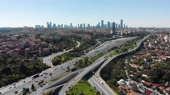Aerial view of busy highway with car traffic in Istanbul, Turkey
