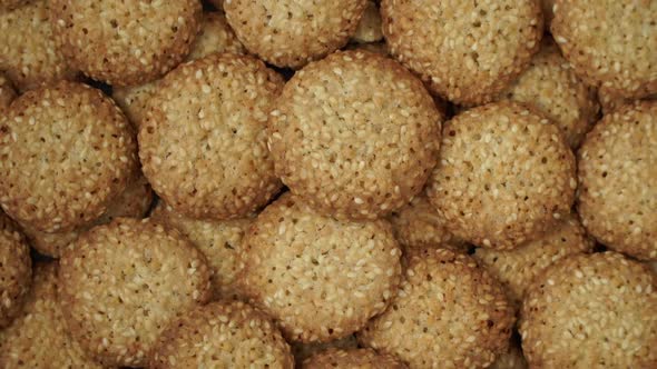 Top View of Sweet Cookies with Sesame Rotate on Tray
