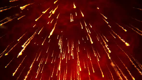 Animation of fire rain. Night volcano eruption. Shining particles sparkles. alt