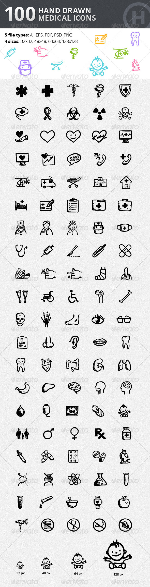 100 Hand-drawn Medical Icons - Icons