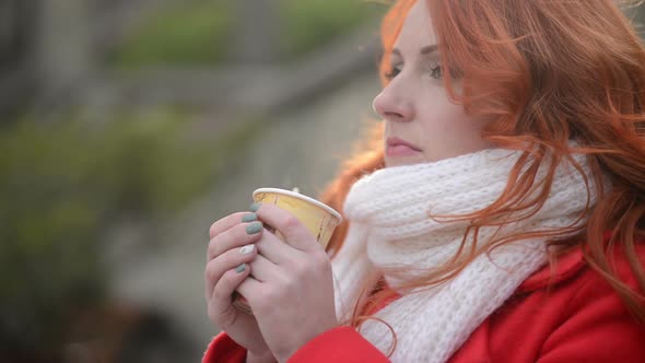 Woman Drinking Hot Coffee Cold Autumn Day alt