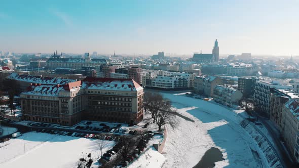 Aerial View of the Snowcovered Street in the City of Wroclaw Poland  Winter Season alt