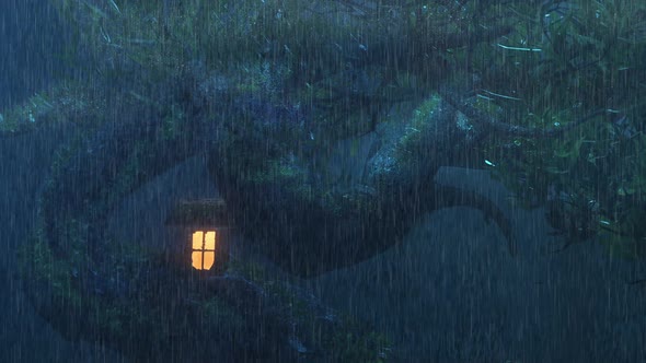Showers In The Jungle, The Rain Fell On The House On The Great Tree. Rainy At Night