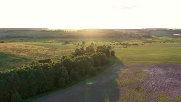 Aerial Over Edge Of Forest By Green Hills And Mouth Of River Against Sunset alt