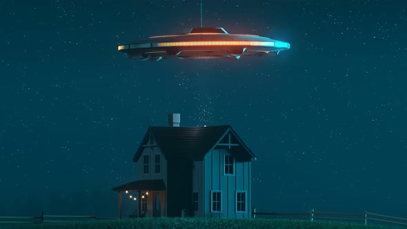 Alien invasion Silhouette of the shiny metal flying saucer. Bright light beam. alt