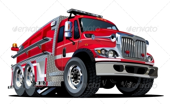 Vector Cartoon Fire Truck - Man-made Objects Objects