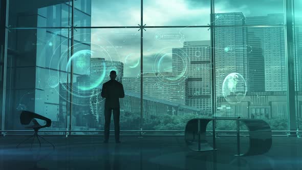 A Man Examines An Infographic On A Virtual Interface HD alt