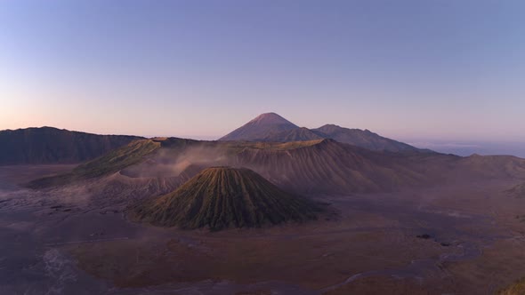 Time lapse of aerial view of Mount Bromo at sunrise. An active volcano in east Java, Indonesia. alt