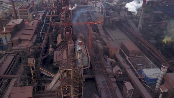 Drone Flight Over the Production Site of Steel Works and Smoke Stacks