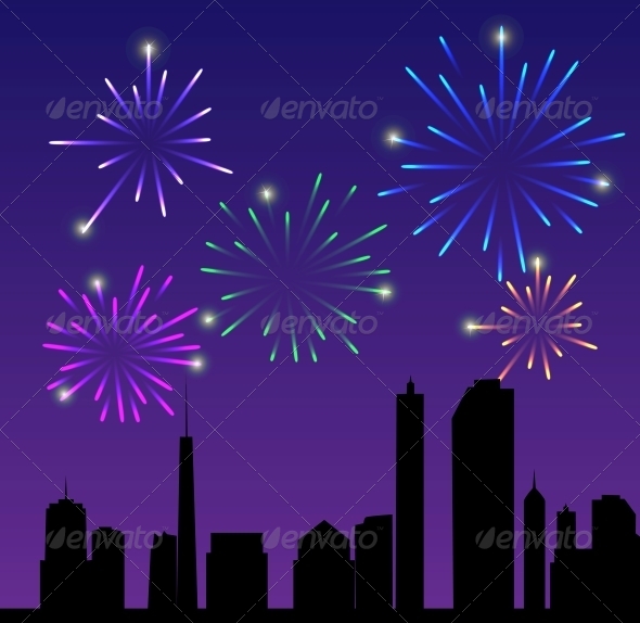 Fireworks City Vector Illustration - Buildings Objects