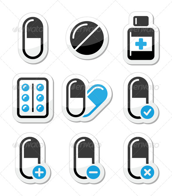 Pills, Medication Vector Icons Set - Health/Medicine Conceptual