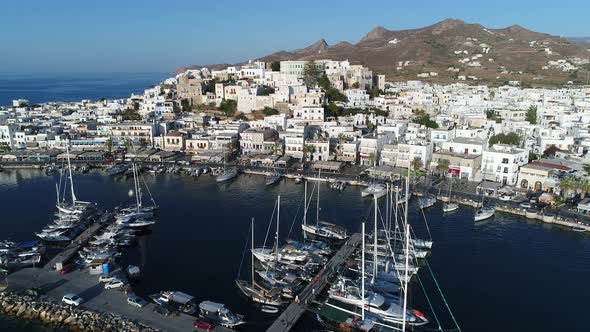 Port of Chora on the island of Naxos in the Cyclades in Greece aerial view alt