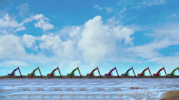 Excavators Move and Dig Together Against the Background of the Sky in Timelapse alt
