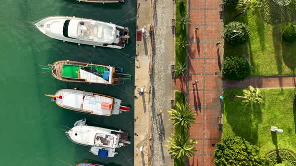Yachts in the port aerial view 4 K Alanya Turkey alt