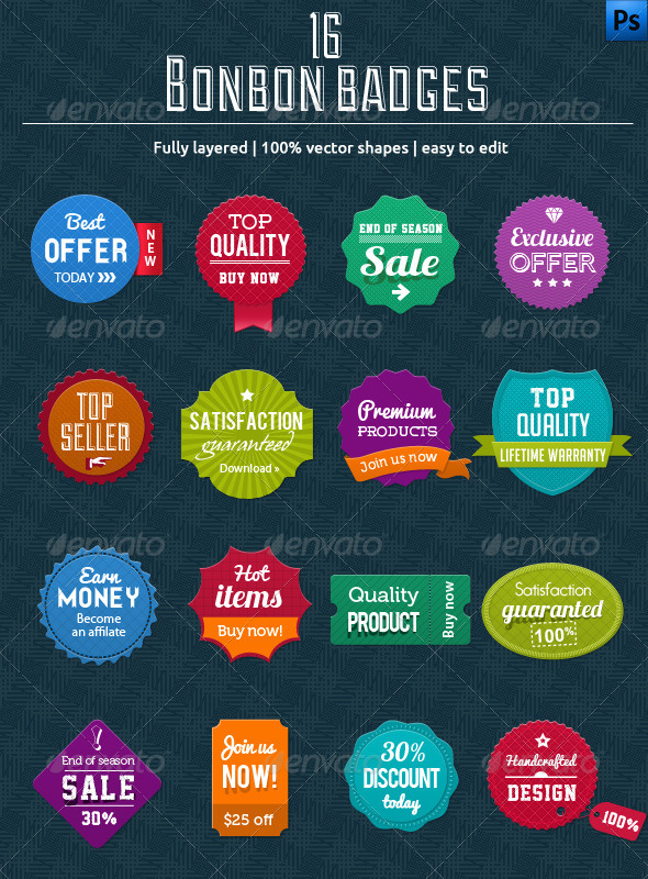 16 Bonbon Badges - Badges & Stickers Web Elements