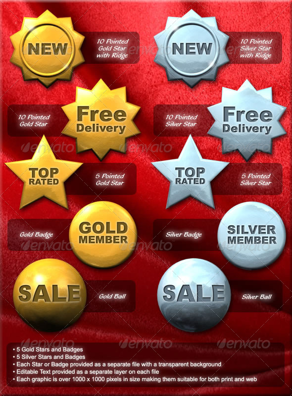 Gold and Silver Stars and Badges - Badges & Stickers Web Elements