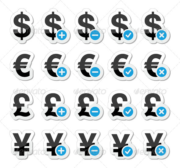 Currency Icons Set - Dollar, Euro, Yen, Pound - Concepts Business